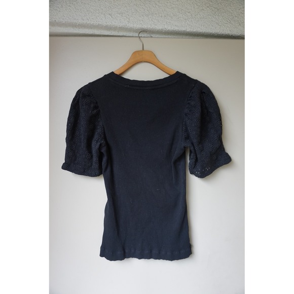 CLAUDIE PIERLOT Black Ribbed‎ Puff Sleeve Ruffled Eyelet T-shirt Top Size Small - Picture 5 of 6